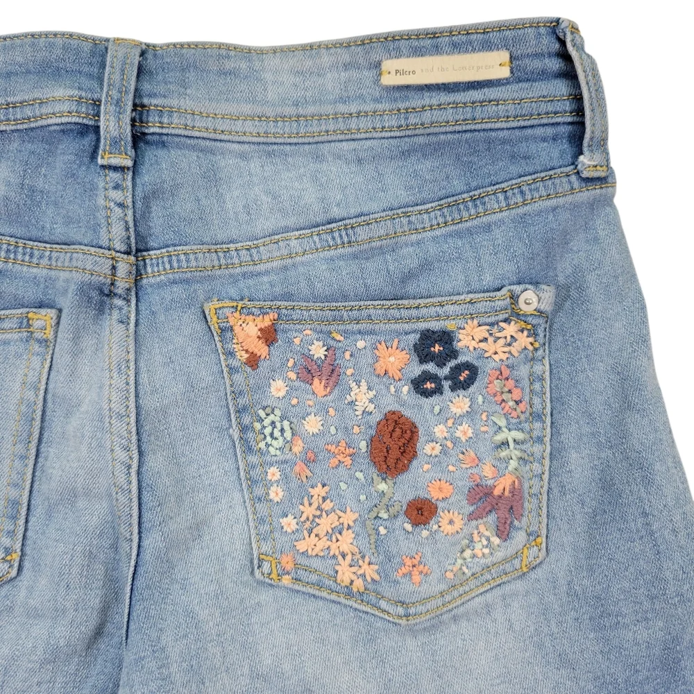 Pilcro Jean Shorts Women 26 Blue Floral Embroidered Slim Boyfriend Anthropologie